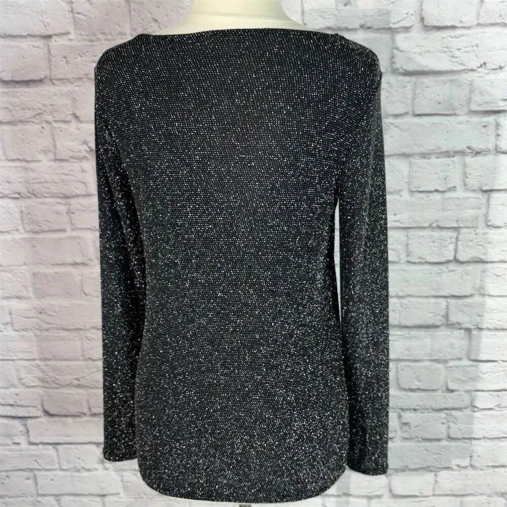 Michael Kors Black Silver Shimmer Metallic Logo O Ring Asymmetric Neckline Top